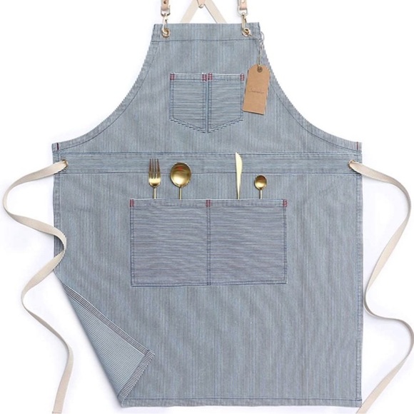 NWT Jeanerlor Blue Striped Denim Apron Cotton Canvas Straps Unisex Chef Gardner - Picture 1 of 9